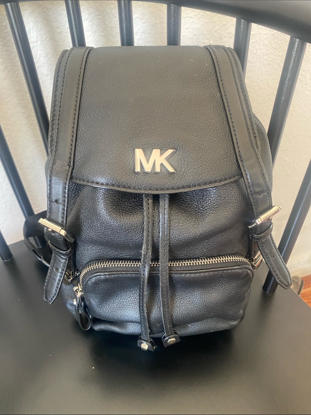 Michael Kors Black Leather Mini Backpack with Gold MK Logo